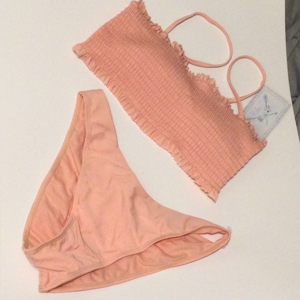 Smocked Bandeau Bikini Set in Peach